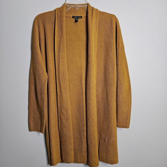 Eileen Fisher Open Front Linen Blend Cardigan Mustard Yellow Boho Lagenlook Sz S - Picture 1 of 10